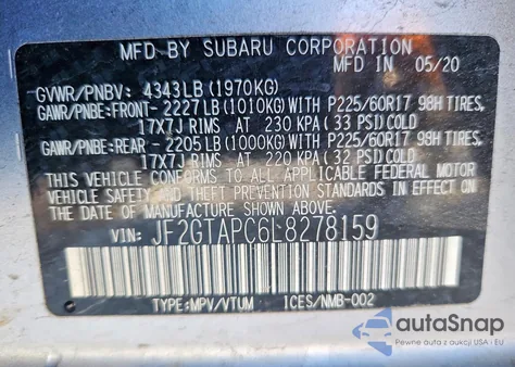 2020 Subaru Crosstrek Premium z USA, uszkodzony, nr VIN JF2GTAPC6L8278159